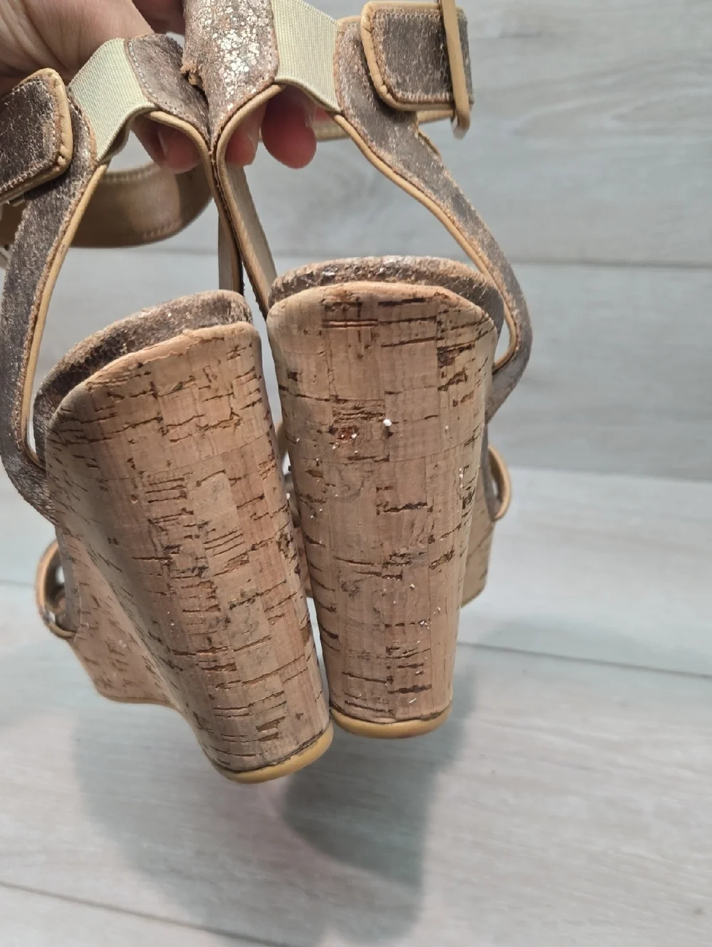 Stuart Weitzman Women Cork Wedge Sandals with Glitter Leather Straps Sz 6.5 - Picture 6 of 12